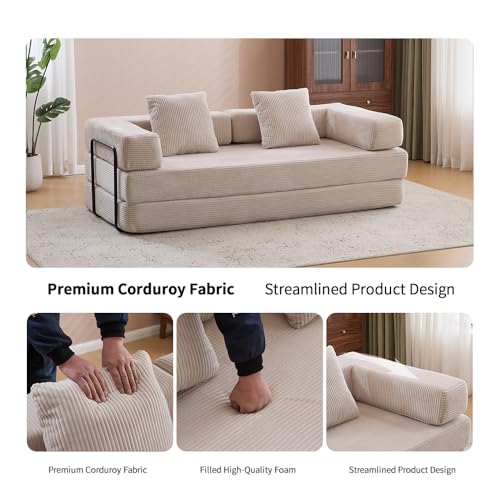 Convertible Sleeper Sofa Bed with Cylindrical Pillow, Corduroy Folding Mattress Couch with Fixed-Shape Frame
