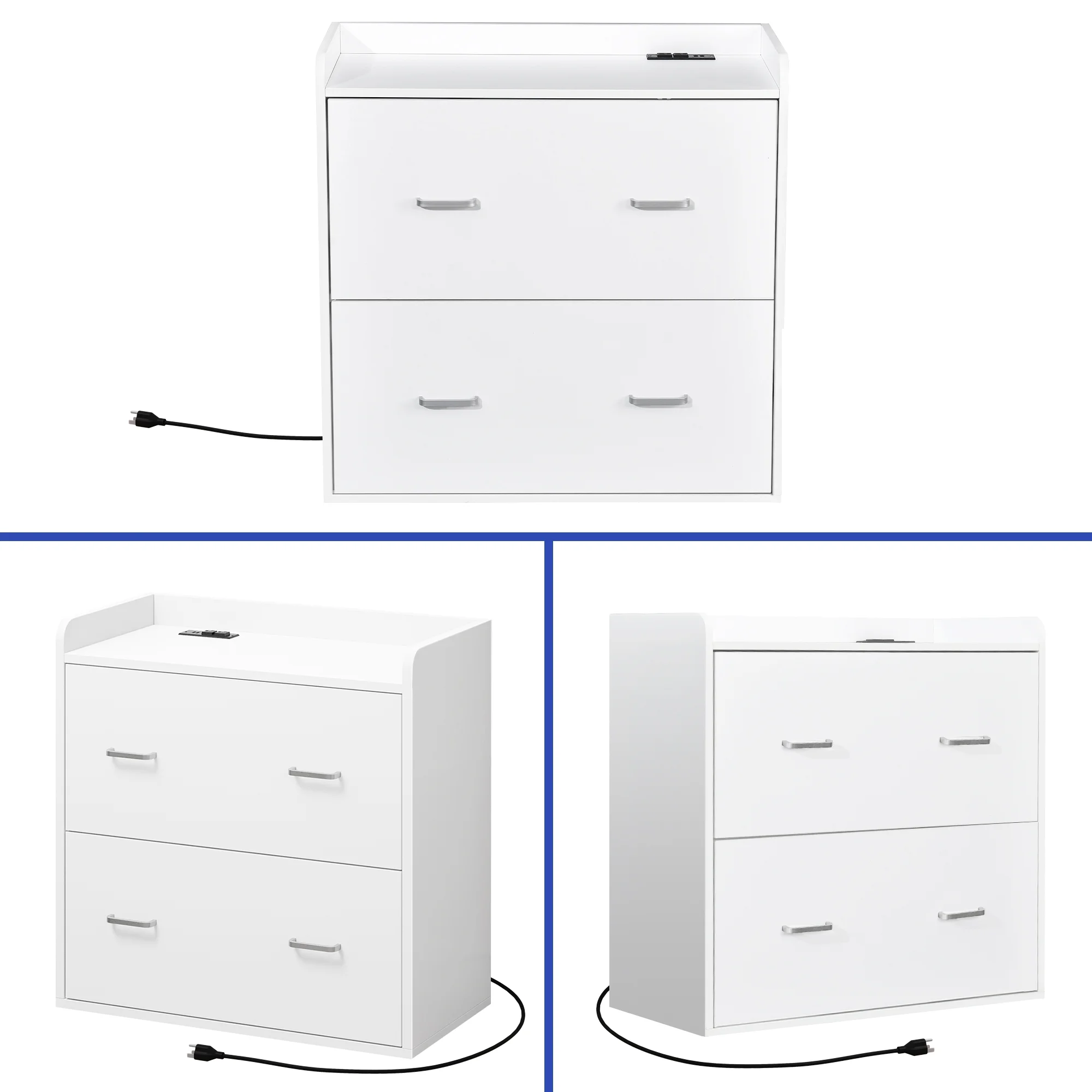 ModFusion 2-Drawer, 4-Metal Drawer Handle A4 Legal Letter Files Organizer Wood Cabinet with Charging Hub Station, White - Curated Treasures Market
