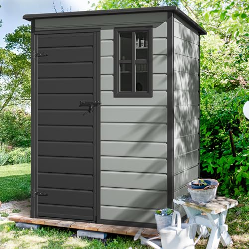 DWVO 5x3ft Resin Outdoor Storage Shed with Floor, Waterproof Lockable Storage Shed with Window, Plastic Outside Tool Storage for Garden, Backyard