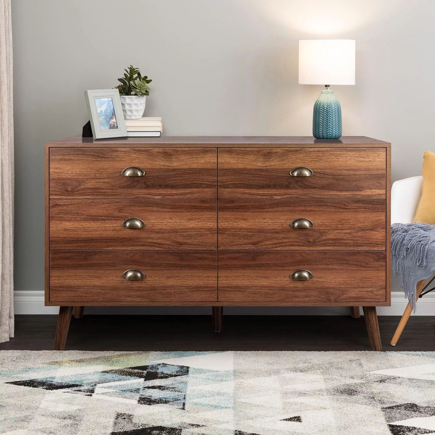 Popular Mid-Century Dresser  6 Drawer Dresser for Bedroom  Modern Walnut Dresser with Metal Handle  Wood Dresser Chest of Drawers for Living Room