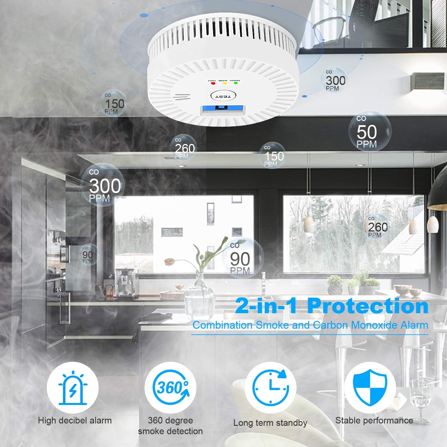 3 Pack Combination Smoke and Carbon Monoxide Detector Battery Operated, with Display,Battery Operated,White