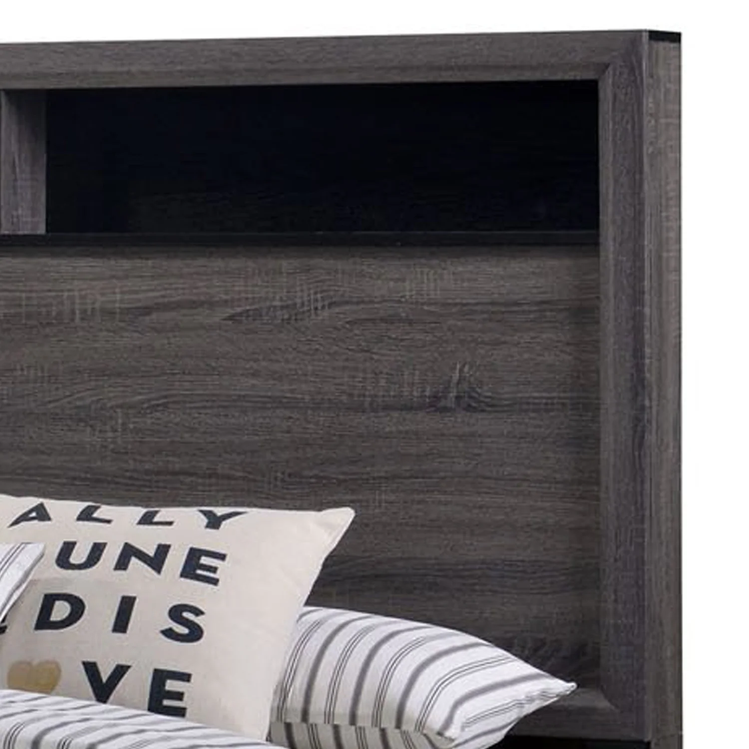 Benjara Wooden California King Bed with Bookcase Headboard and Grain Details, Gray