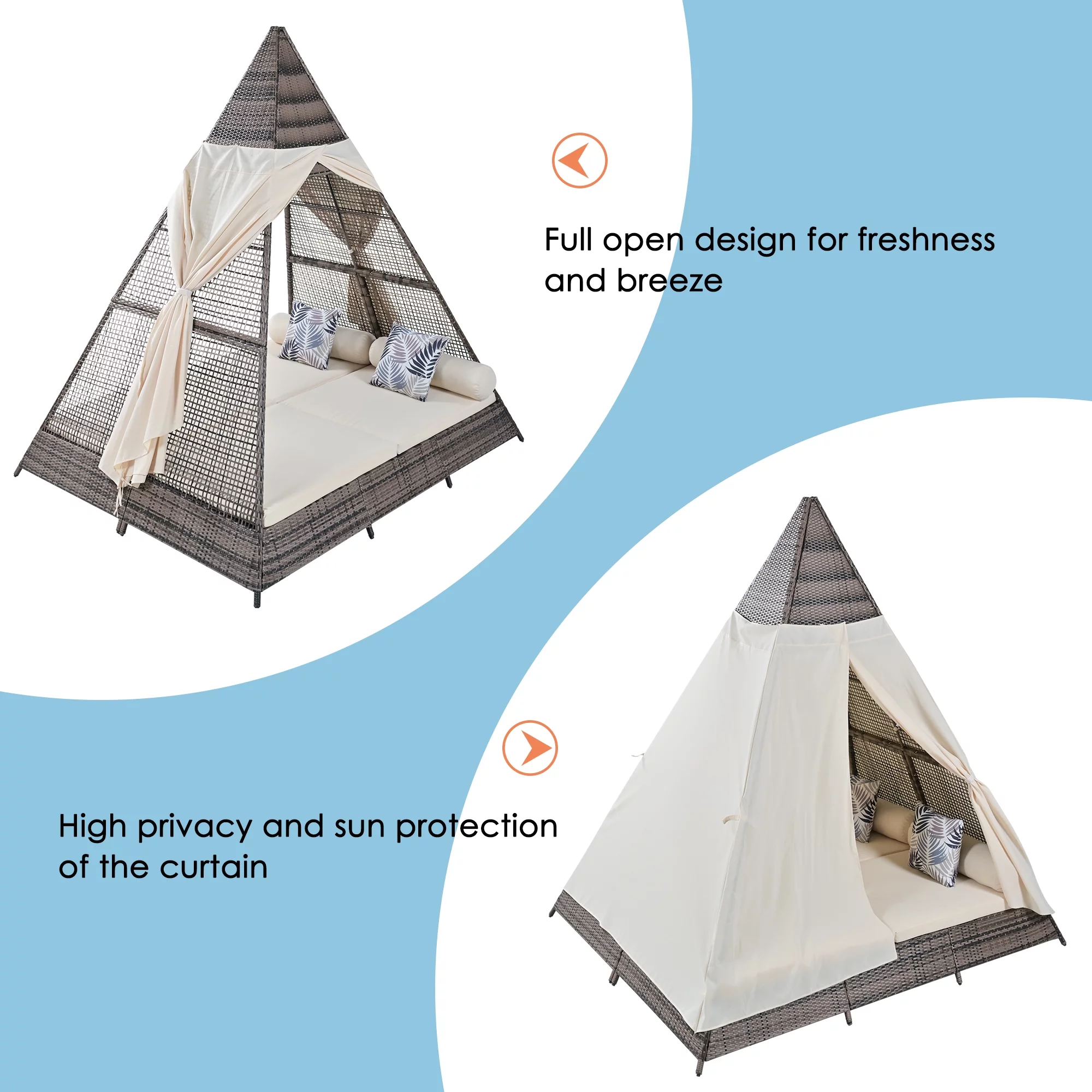 Syngar Outdoor Patio Sunbed with Removable Curtain, All Weather PE Wicker Tent-Shaped Daybed with Beige Cushions and Colorful Pillows
