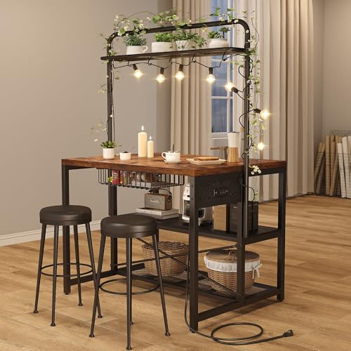 46" Large Kitchen Island Table Baker Rack with Power Outlet and 3-Tier Storage-Microwave Stand Oven Shelf, Metal Coffee Bar Table