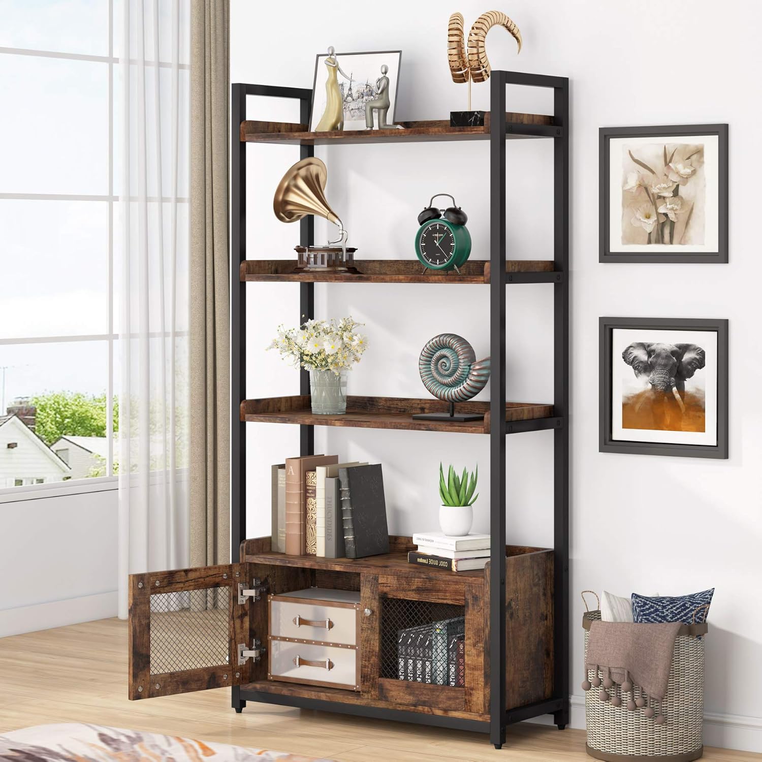 Tribesigns Industrial Bookshelves and Bookcase with 2 Storage Cabinets