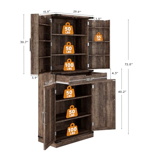 72" Tall Storage Cabinet, Kitchen Pantry Cabinet with Adjustable Shelves & Sturdy Steel Frame, Farmhouse Pantry Storage with 4 Barn Doors for Kitchen