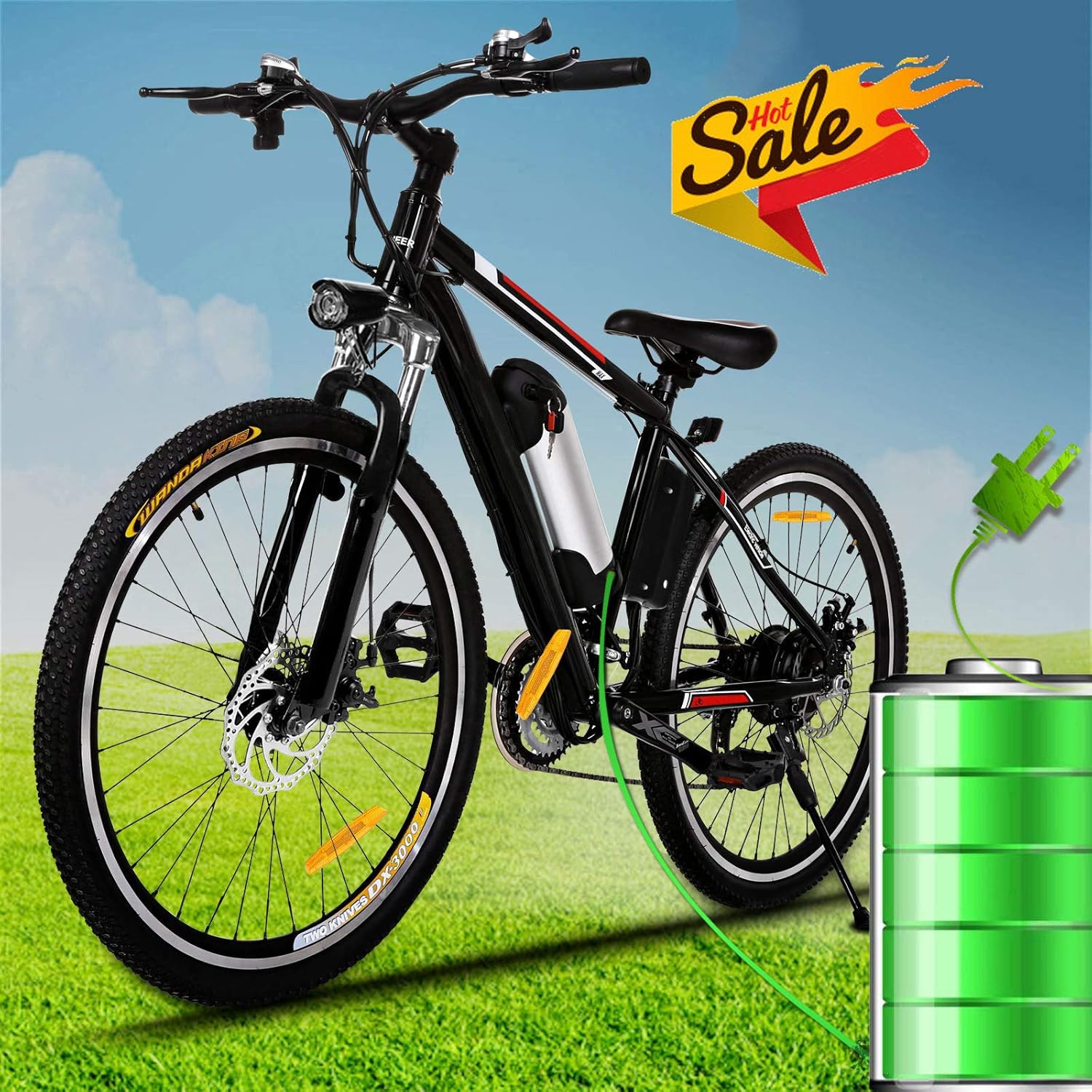 Kemanner 26 inch Electric Mountain Bike 21 Speed 36V 8A Lithium Battery Electric Bicycle for Adult (Black/Red)