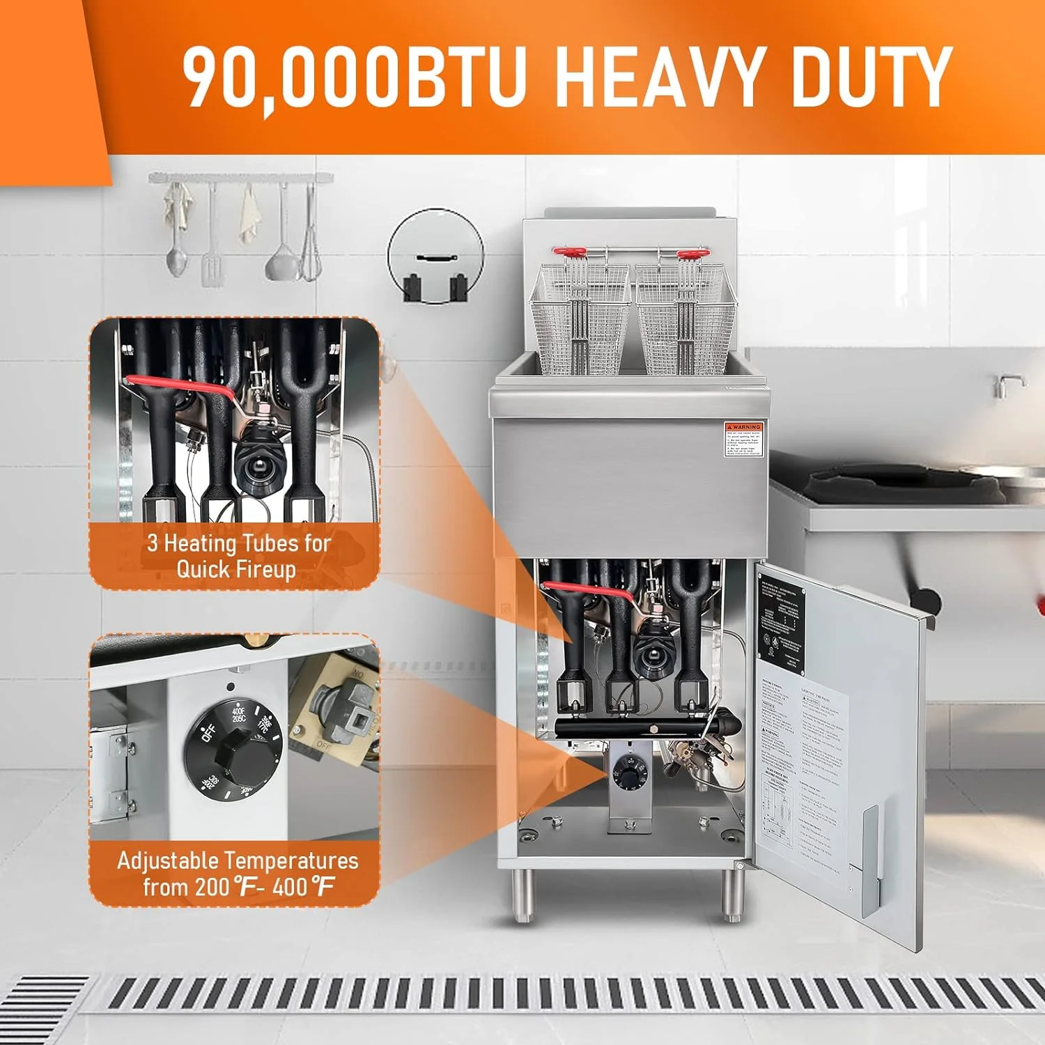 HOCCOT Commercial Deep Fryer with 3 Tube Burners, Stainless Steel Gas Floor Fryer in 90,000 BTU