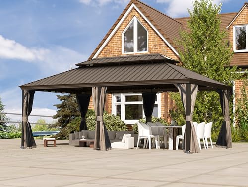 Domi 10’ x 10’ Hardtop Gazebo Metal Frame Canopy with Netting & Curtains