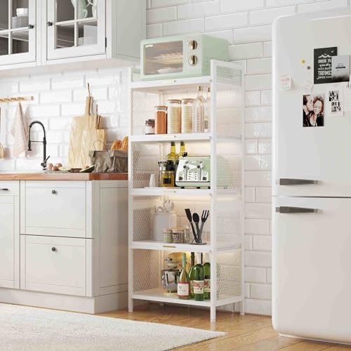 White, 5 Shelf Cabinet,Kitchen Storage Cabinets with Door and Shelves,Kitchen Bread Rack Plastic Storage Unit for Garage, Basement, Attic, Mudroom