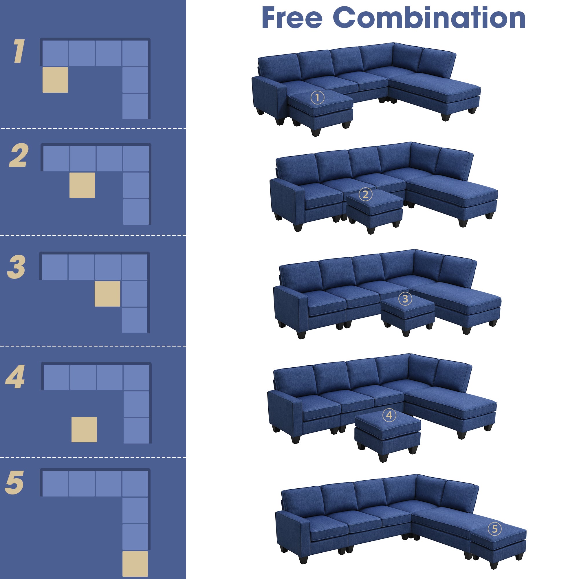 Vortex 7-seat Linen Fabric L-shaped Sectional Sofa - Blue