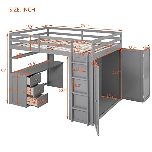 Harper & Bright Designs Full Size Loft Bed with Desk and Wardrobe, Solid Wood Loft Bed Frame with Storage Drawers, for Kids Teens Adults (White)