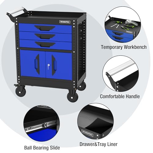 WORKPRO 27.5 Inch 3-Drawer Rolling Tool Chest with Wheels, Portable Steel Tool Cabinets with Drawers, Liners and Locking System for Warehouse, Garage