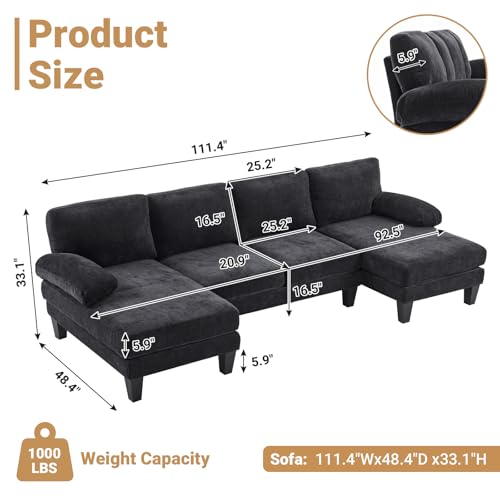 VINGLI 110" Sectional Couches for Living Room,U Shaped Couch with Double Chaise, 4-Seat Sofa Set with Chenille Fabric for Home Furniture,Forest Green