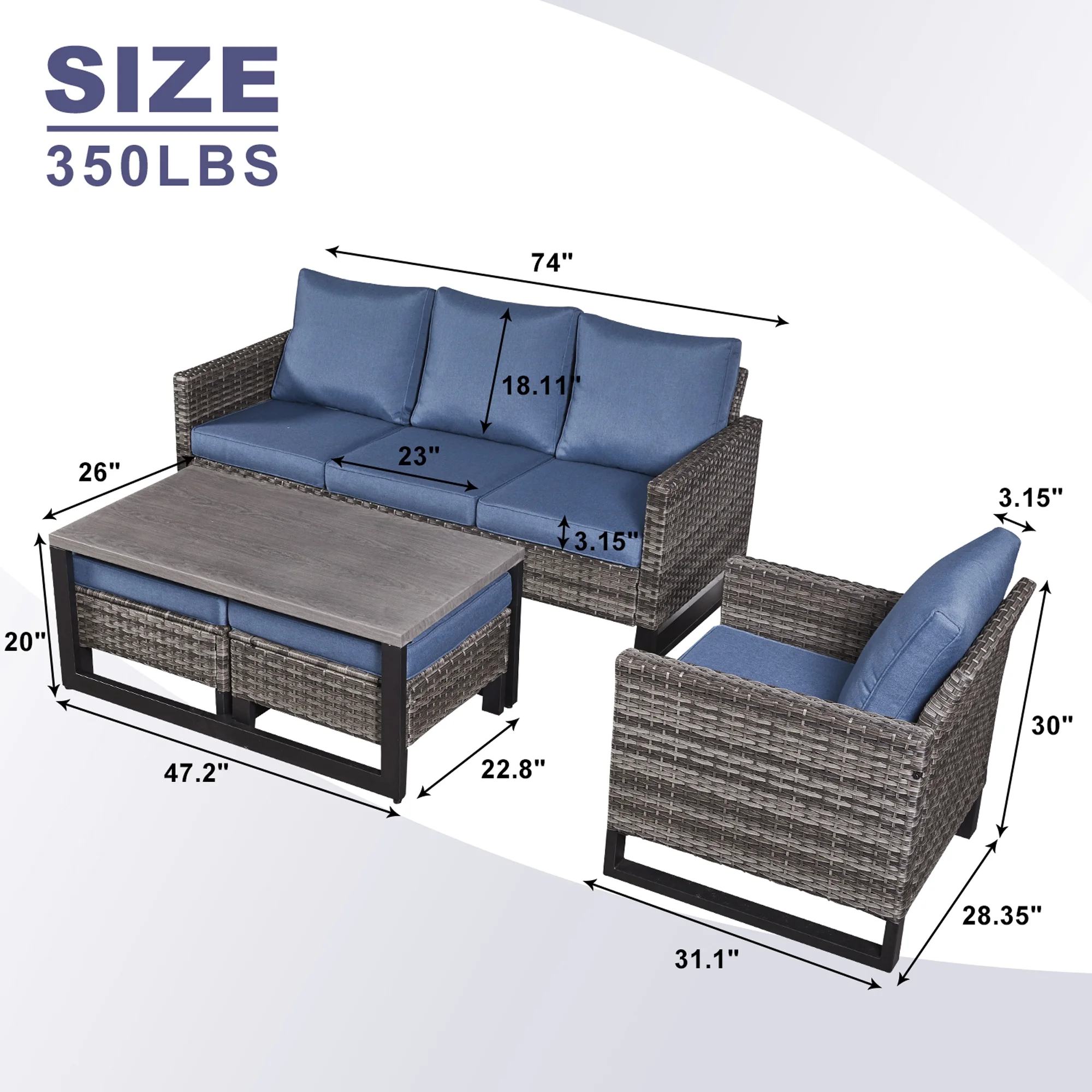 PARKWELL 6Pcs Patio Rattan Wicker Outdoor Conversation Sets 5 - Person Seating Group Patio Furniture Set, including Sofa, Chairs