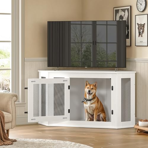 Corner Dog Crate Furniture, Wooden Dog Kennel End Table, Decorative Pet Crate Indoor Use, Furniture Style Dog House for Small Medium Dog