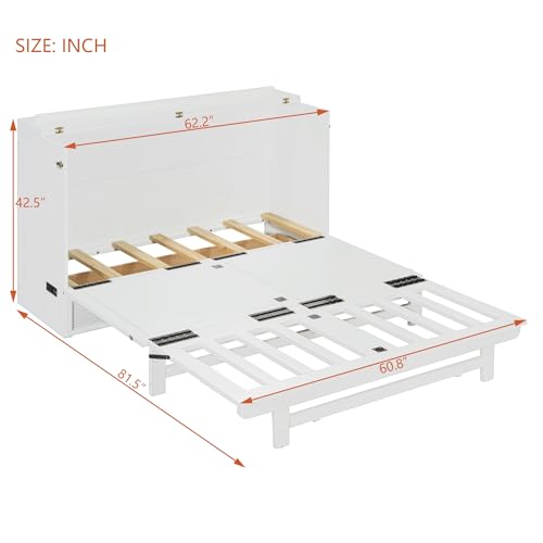 Harper & Bright Designs Full Size Murphy Bed Cabinet Wall Bed, Solid Pine Murphy Bed Chest with USB Ports