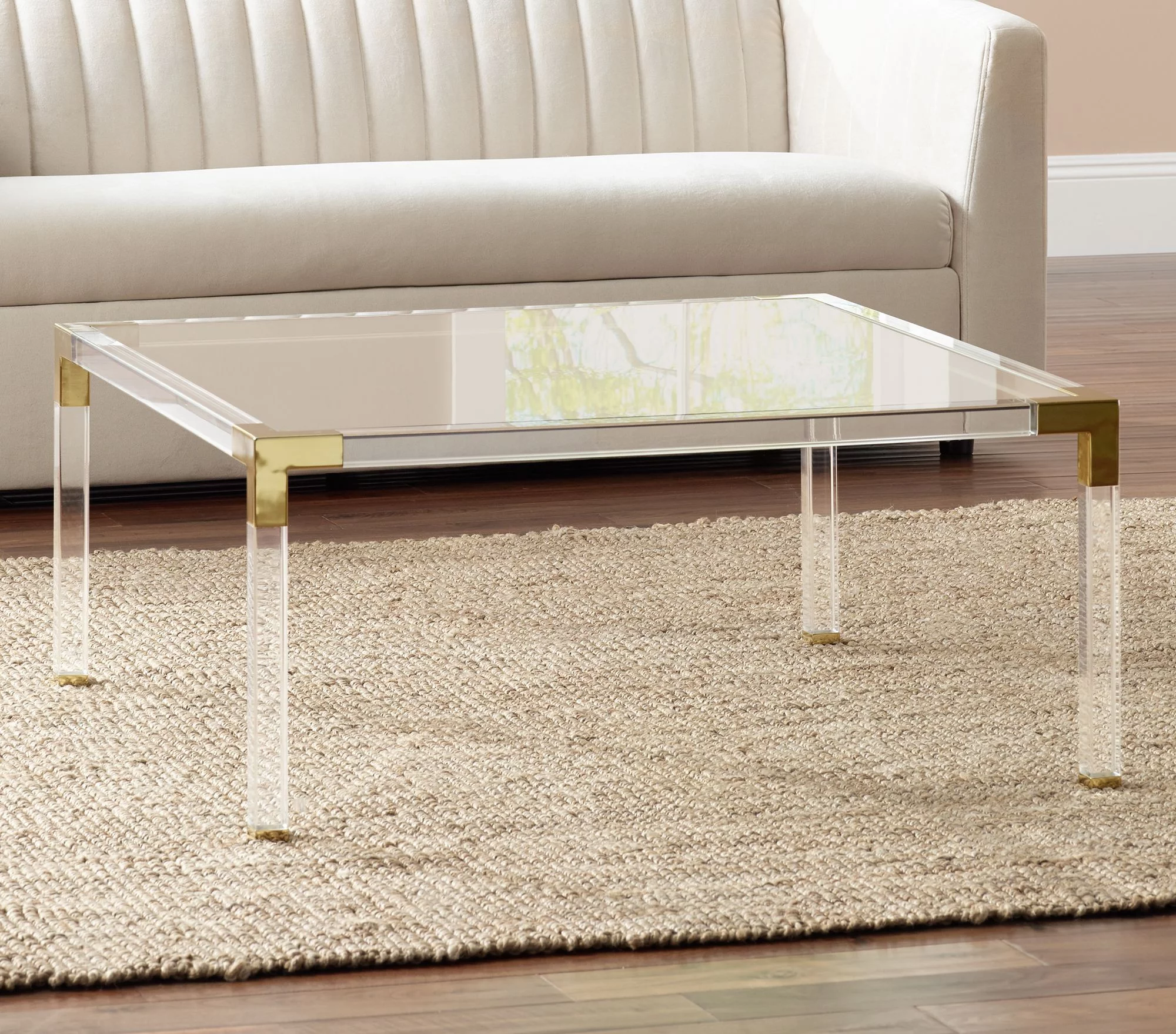 55 Downing Street Hanna Modern Cast Acrylic Square Coffee Table 40" Wide Clear Gold Tempered Glass Tabletop for Living Room Bedroom Bedside Entryway