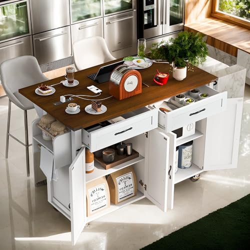 53.7" Farmhouse Kitchen Island with Drop Leaf,2 Drawers,Kitchen Storage Island with Power Outlet,Spice Rack