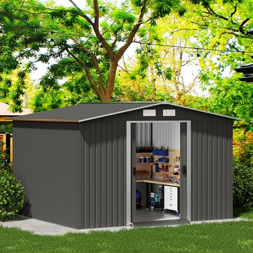 10' x 10' Outdoor Storage Shed, Garden Tool Shed with Double Sliding Door and Sloping Roof