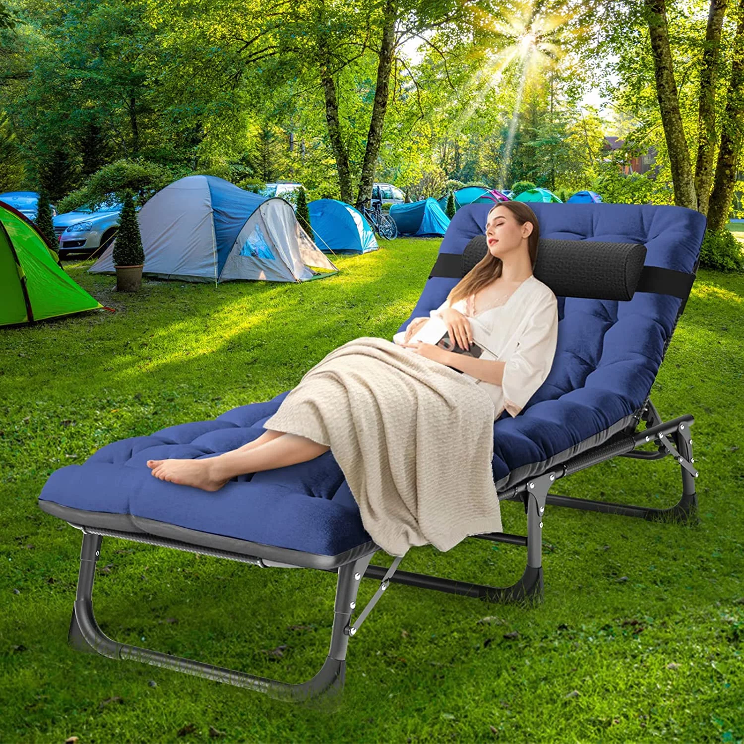 Lilypelle Camping Cot, Adjustable 4-Position Adults Reclining folding Chaise with Pillow, Outdoor portable Lounge Chair Sleeping Cots Bed
