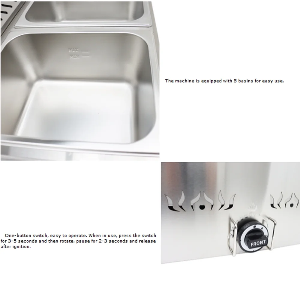 PreAsion Propane Gas Food Warmer Bain-Marie Buffet Steam Table 5 Pan Stainless Steel Countertop Food Warmer