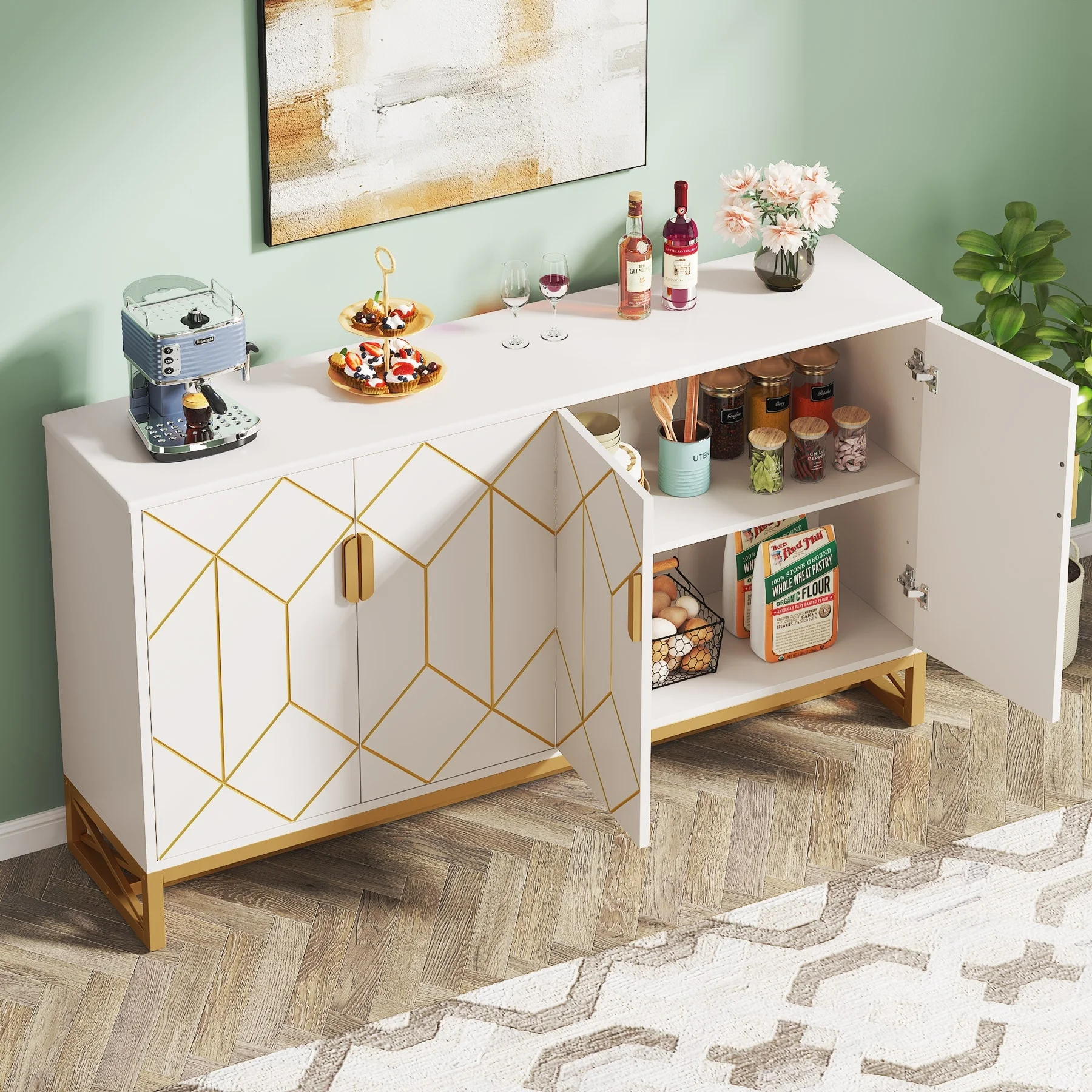 White Gold Buffet Cabinet with Storage Kitchen Sideboard Storage