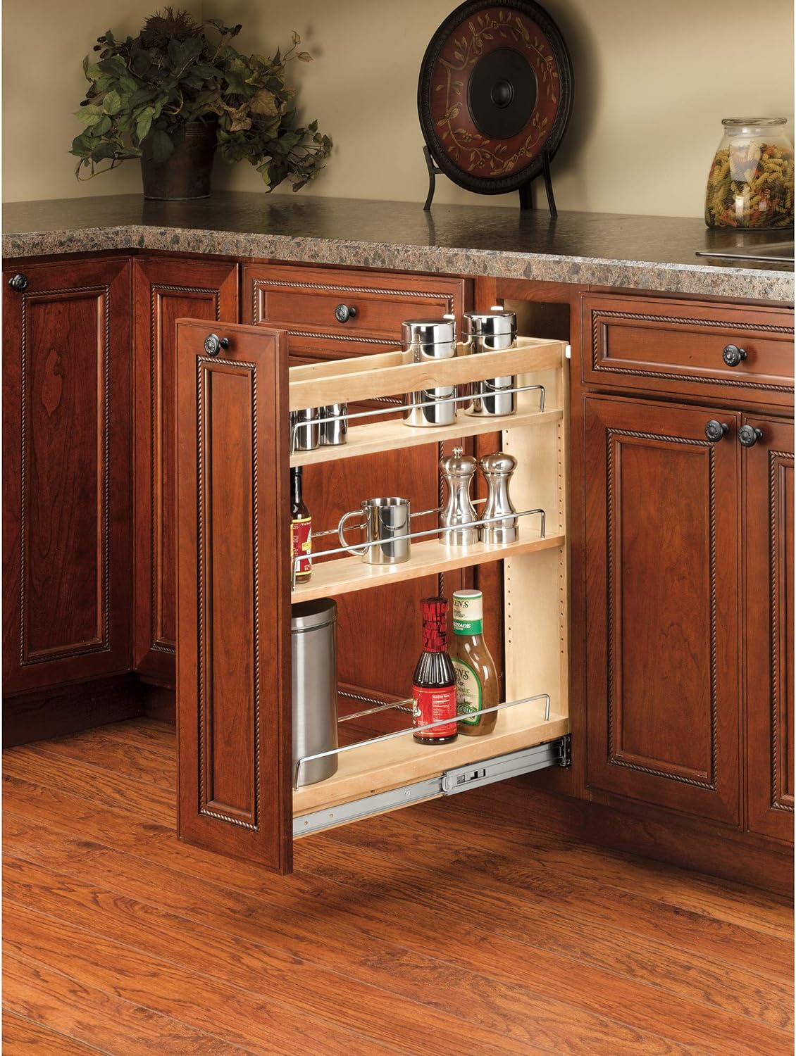 Rev-A-Shelf 448-BC19-5C 5 Inch x 19 Inch Pull Out Wood Base Kitchen Cabinet Organizer with 3 Adjustable Shelves, Natural Maple Wood