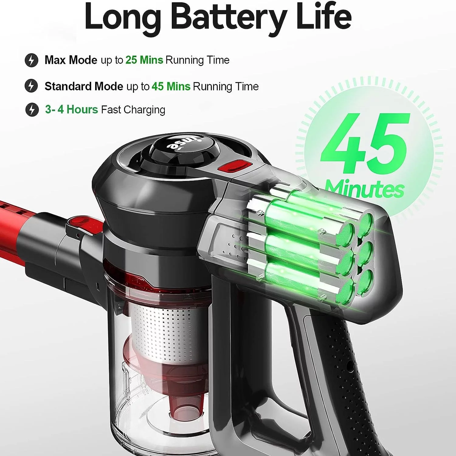 INSE N6 Vacuum Cleaner 160W Rechargeable Cordless Stick Vacuum, up to 45 minutes for Home Hard Floor Carpet Pet Hair, Red