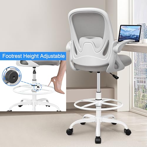 Primy Drafting Chair Tall Office Chair with Flip-up Armrests Executive Ergonomic Computer Standing Desk Chair with Lumbar Support and Adjustable