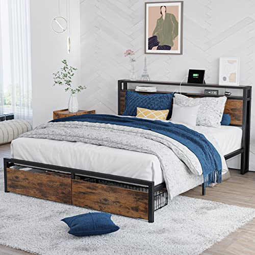 LIKIMIO King Bed Frame with Storage Headboard, Platform Bed with Drawers and Charging Station, No Box Spring Needed, Easy Assembly, Vintage Brown