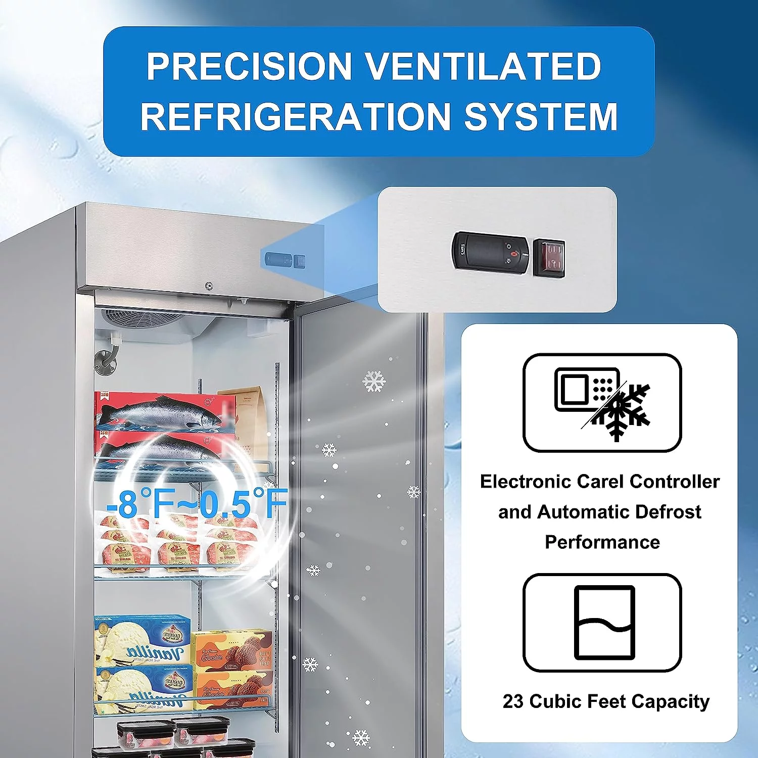 SMAD 23 Cu ft Commercial Freezer, Frost Free Upright Fridge with Smudge-Proof Single Door DSD-650