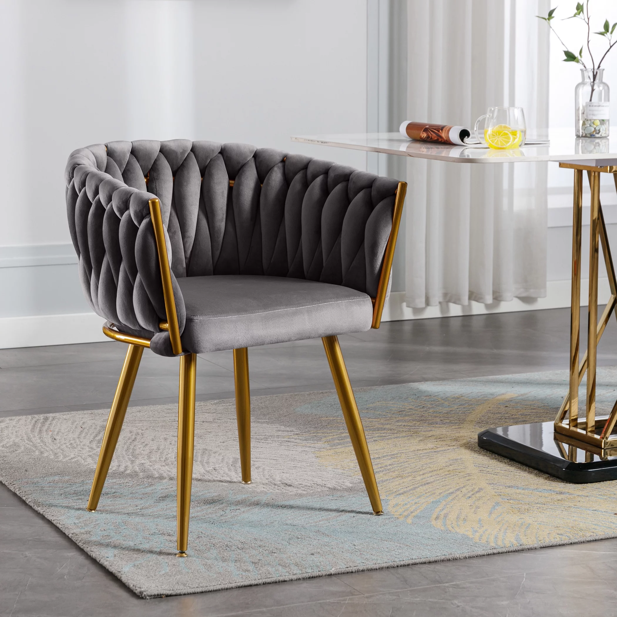 JONPONY Velvet Dining Chairs Set of 2, Modern Woven Upholstered Dining Chairs with Gold Metal Legs,Luxury Tufted Dining Chairs for Living Room
