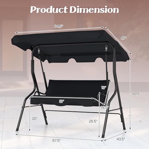 Tangkula 3 Person Porch Swing, Patio with Removable Cushion & Powder-Coated Steel Frame, Outdoor Swing with Canopy for Porch, Backyard, Garden