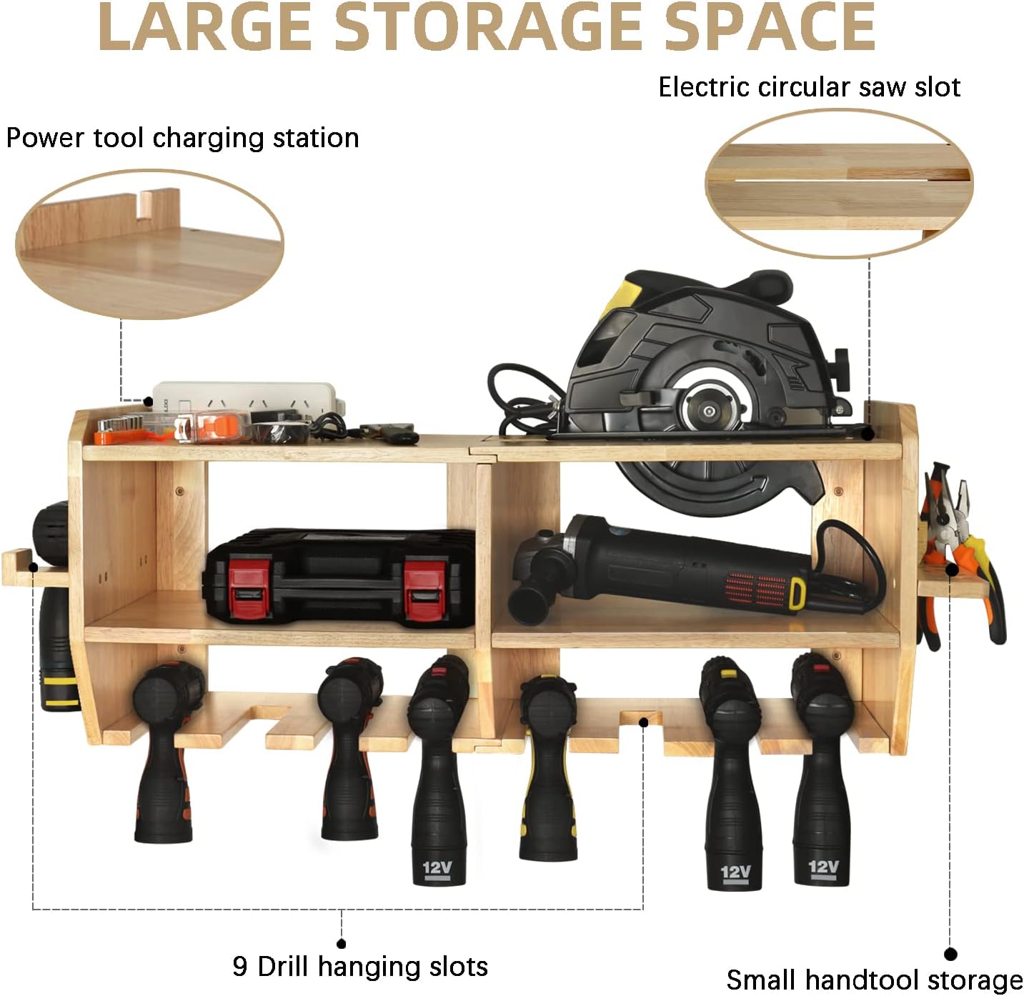 Aomomery Large Power Tool Organizer,Tool Storage Holder with 6 Drill Slots,Wall Mount Garage Tool Organizer ,Wrench and Circular Saw Storage