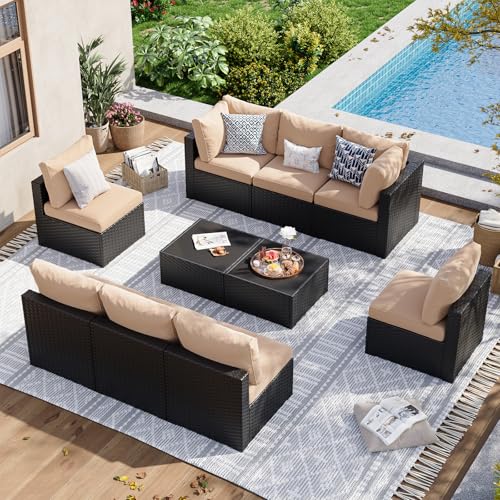Aoxun 7 Piece Patio Furniture Set Wicker Rattan Patio Sectional Sofa Set Outdoor Seating Furniture with Thickened Cushion, Grey