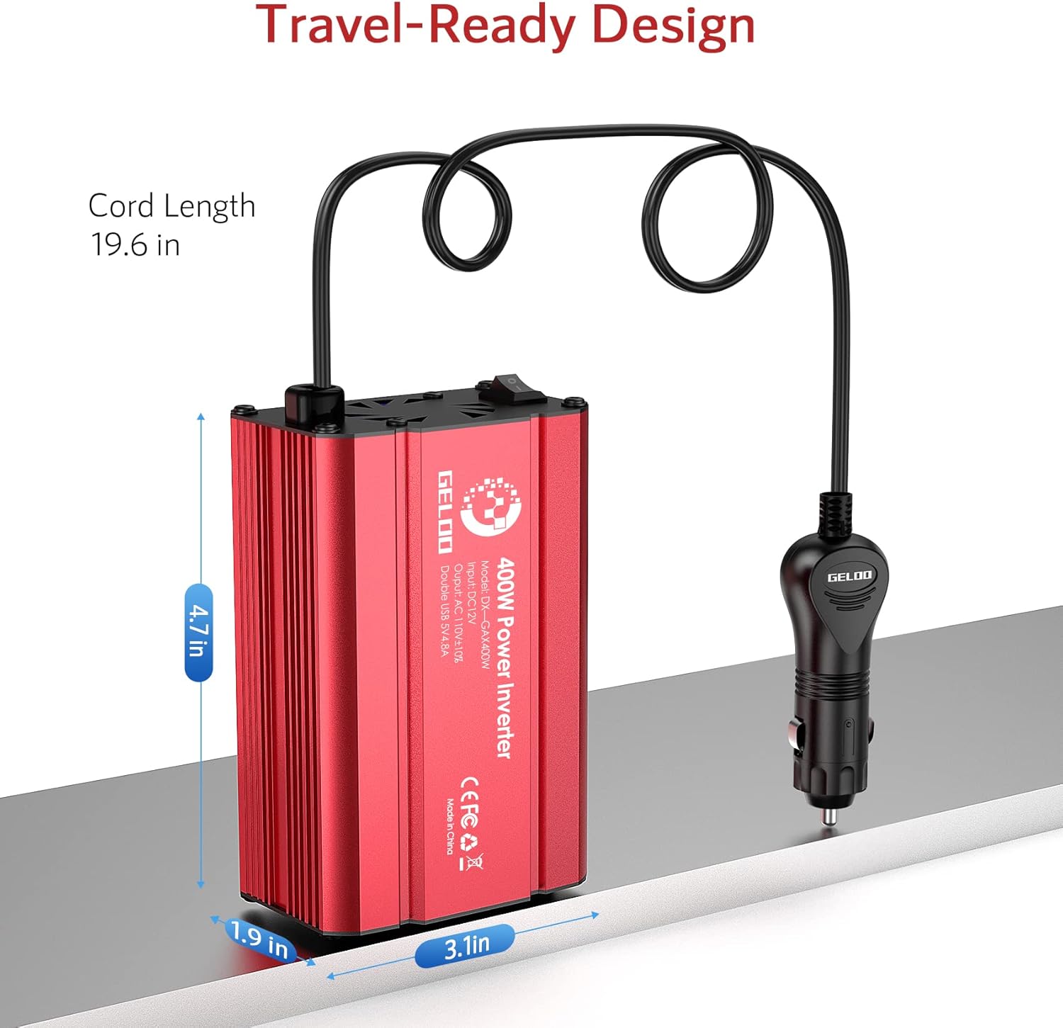 400W Car Power Inverter DC 12V to AC 110V Car Charger with 4.8A Dual USB Car Outlet Adapter