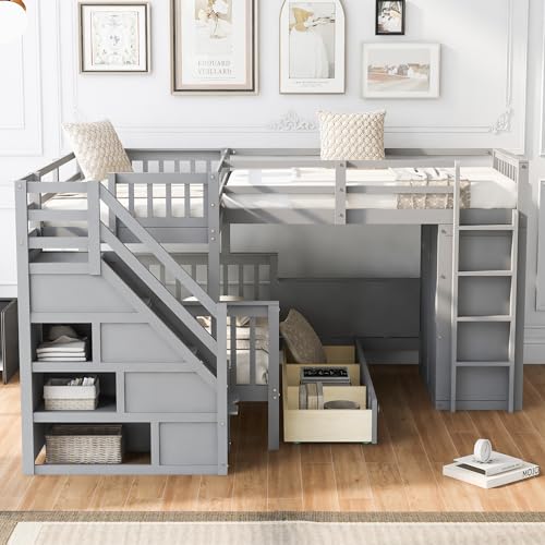 L-Shape Triple Bunk Beds with Stairs and Desk, Wood Twin-Over-Full Bunk Bed with Storage Wardrobe, Shelves and Drawers