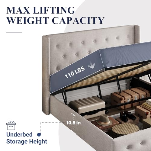 Allewie Full Size Lift Up Storage Bed, Modern Wingback Headboard, Hydraulic Support, No Box Spring Needed, Light Beige