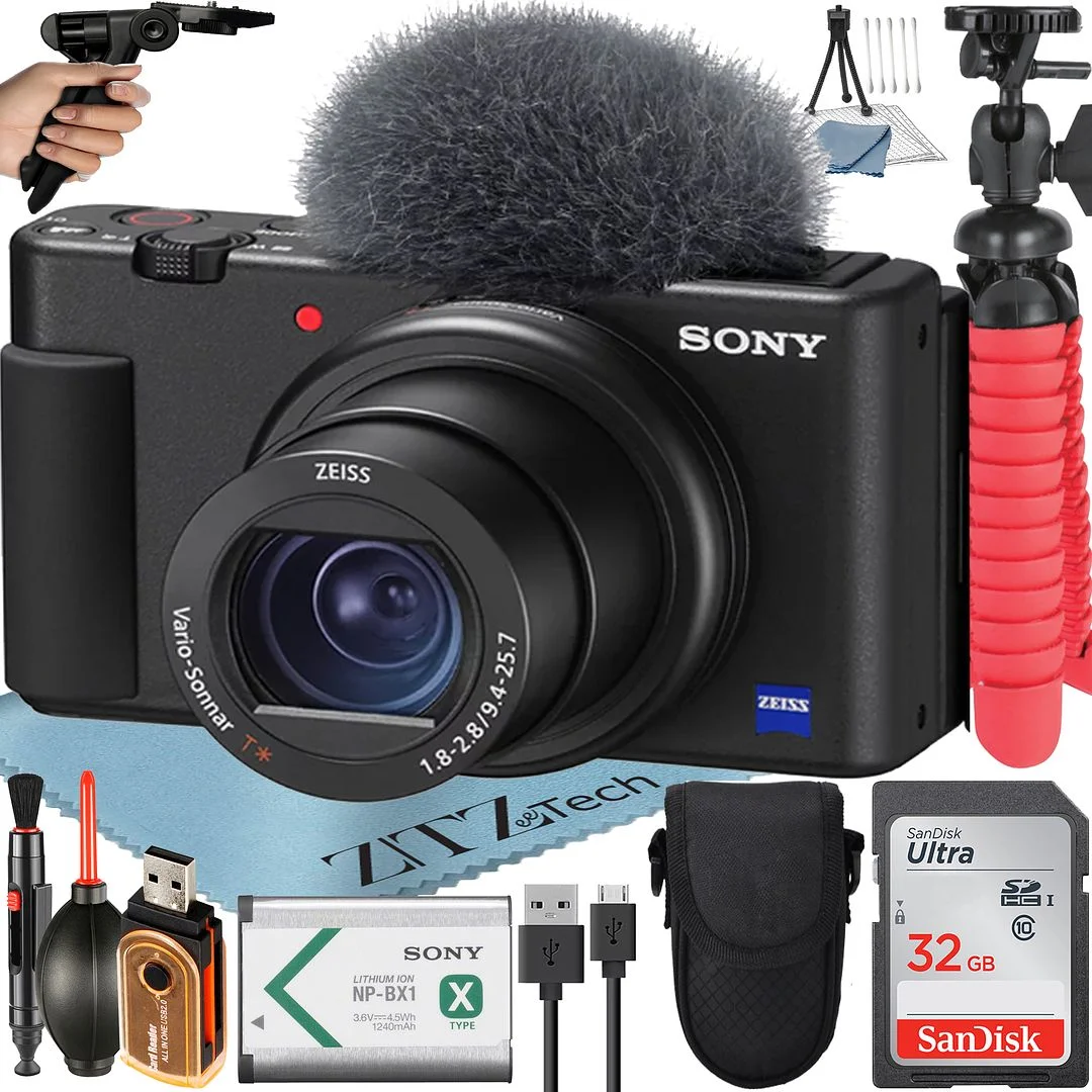 Sony ZV-1F Vlogging Camera (Black) with SanDisk 32GB Memory Card + Tripod + ZeeTech Accessory Bundle - Curated Treasures Market