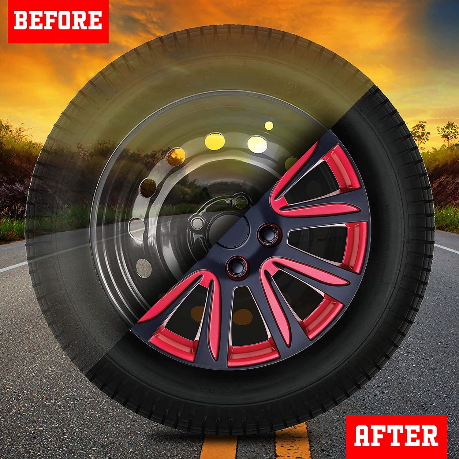Swiss Drive HubCap 16-Inch Red Black Set of 4- Luxurious Red and Black Design – Durable and Reliable