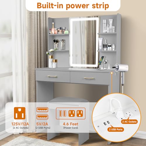Vanity Set with Lights and Stool, Vanity Desk with Mirror and Lights，Vanity Power Outlet,Vanity Desk with Drawers