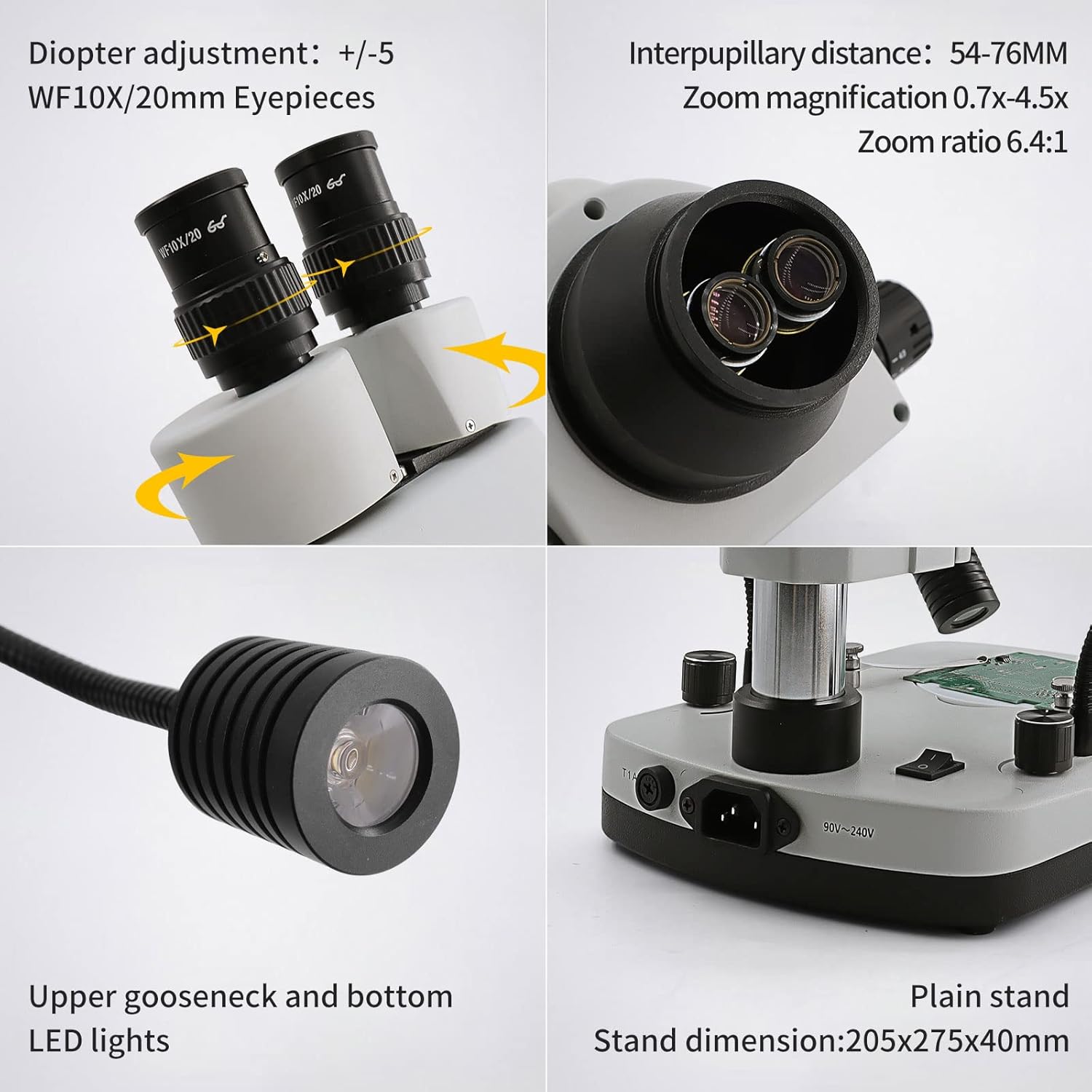 SWIFT Digital Professional Trinocular Stereo Zoom Microscope,WF10X Eyepieces,3.5X-90X Magnification,0.7X-4.5X Zoom Objective,56-Bulb LED Ring Light
