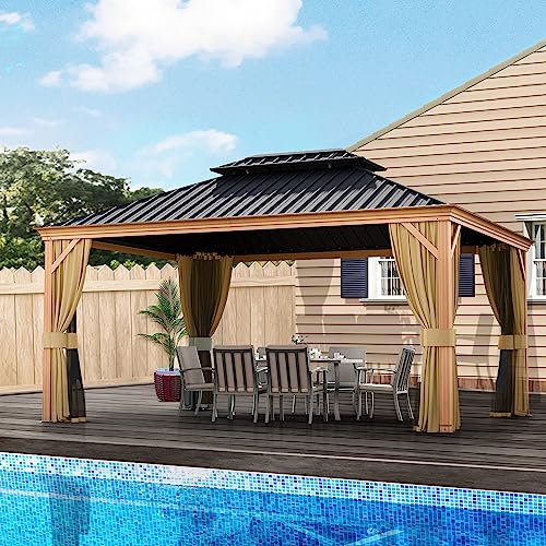 HAPPATIO 10' x 12' Hardtop Gazebo with Netting and Curtains, Double Roof Permanent Patio Metal Gazebo Canopy for Patio, Deck, Backyard （Gray）