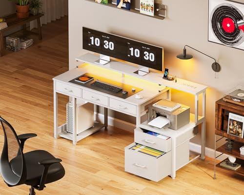 AODK 55 Inch Computer Desk with 3 Drawers and File Cabinet for Storage, Office Desk with Monitor Stand and LED Lights, Home Office Desks, Black
