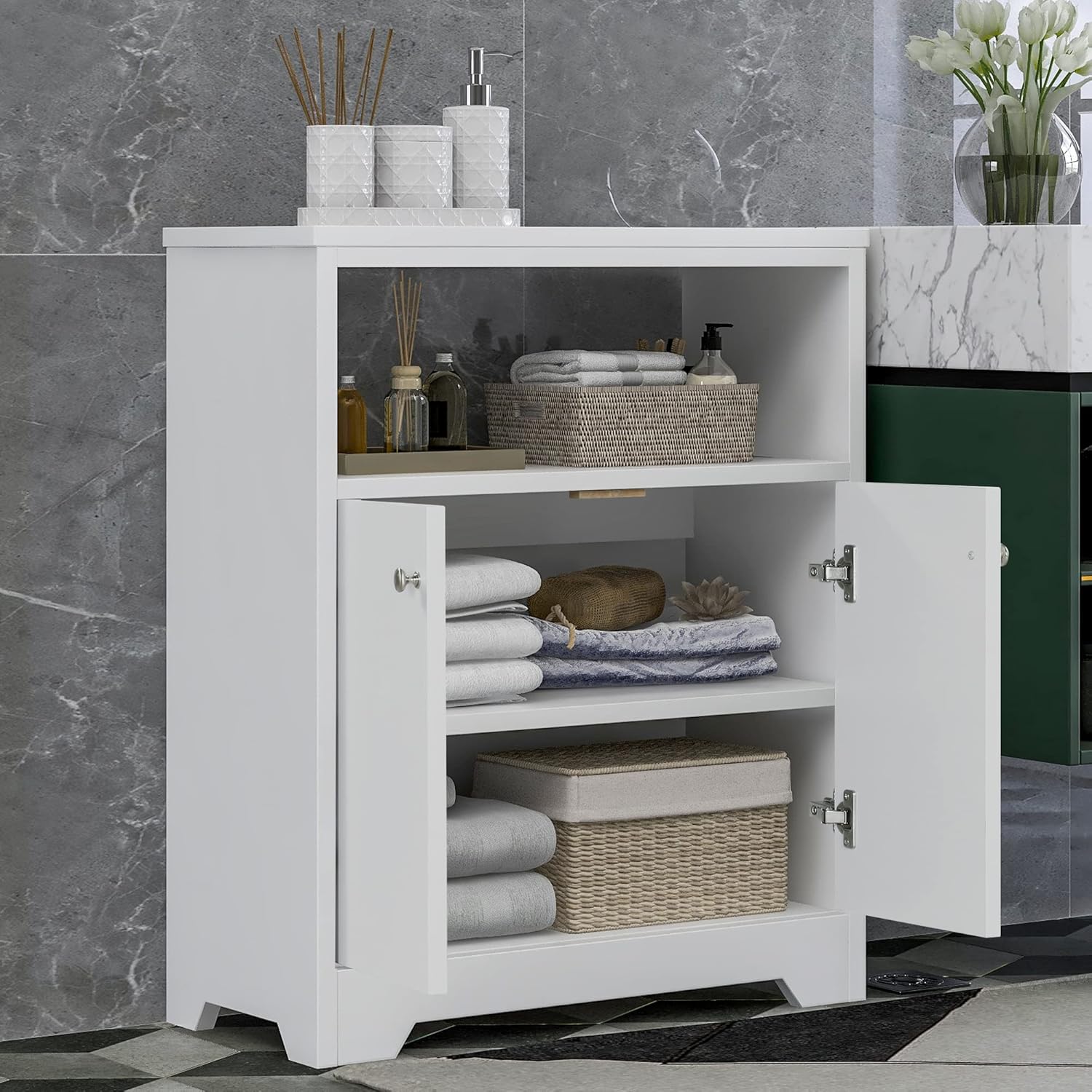 Merax White Cabinet Bathroom Storage Shelf with Double Doors, Freestanding Floor Space Saver