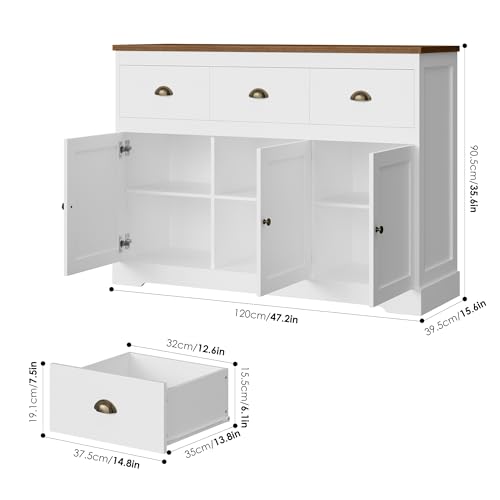 Keyluv White Buffet Cabinet Storage Sideboard Farmhouse Server Bar Wine Cabinet with 3 Drawers & 3 Doors Adjustable Shelves Console Table for Dining