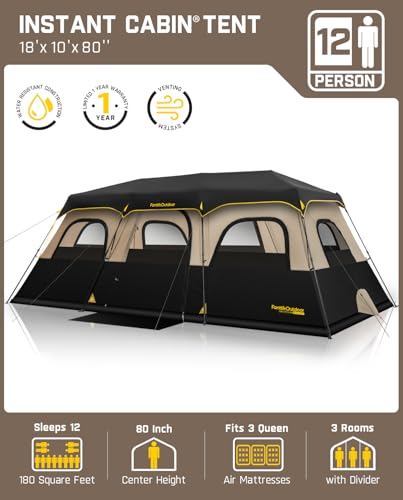 FanttikOutdoor Instant Cabin Tent 6/8/10/12 Person Camping Tent Setup in 60 Seconds with Rainfly & Windproof Portable with Carry Bag for Family