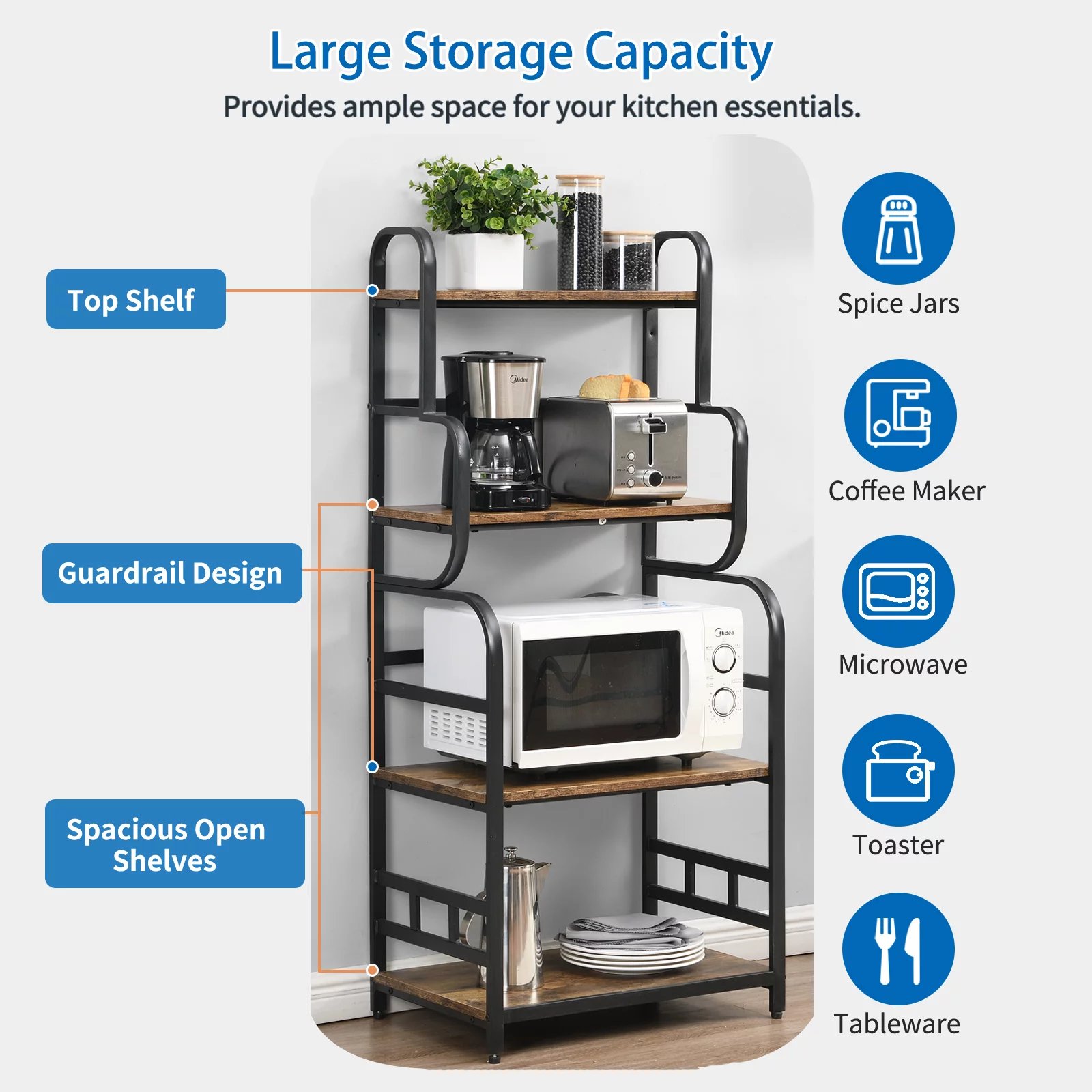 O&K Furniture 4-Tier Kitchen Bakers Rack, 54’’ Microwave Oven Stand with Storage Shelves, Black