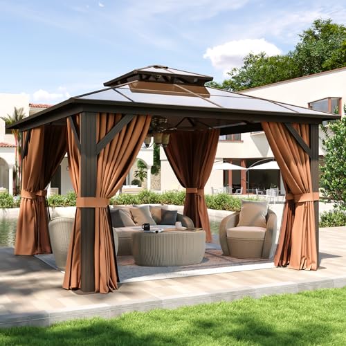 Aoxun 12'x10' Hardtop Gazebo, Aluminum Frame Permanent Pavilion with Curtains and Netting, Outdoor Polycarbonate Double Roof Canopy